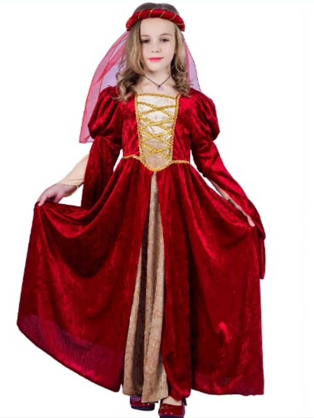 Red Medieval Princess Costume Dress with Gold Accents